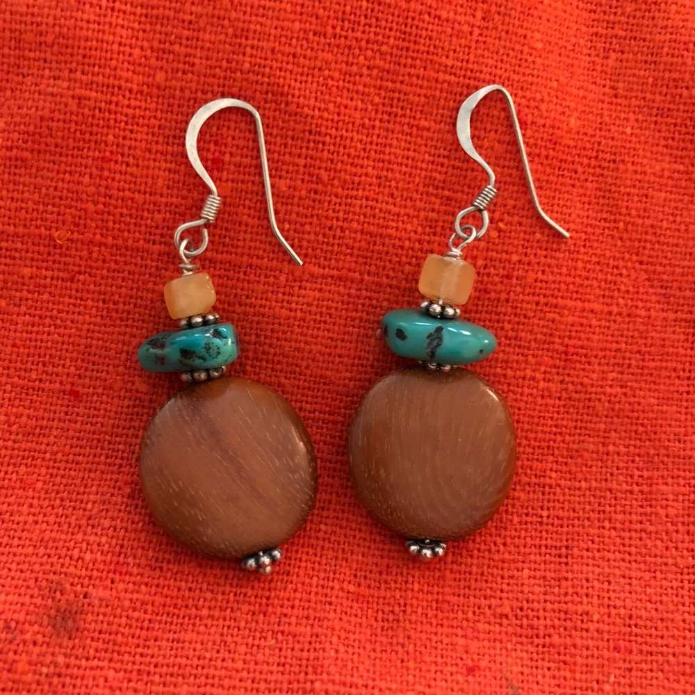 Wood, bead, and turquoise earrings